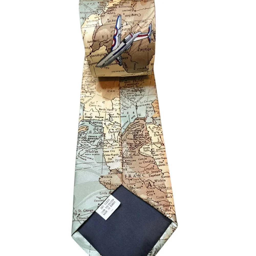 Vintage Airplane Map Tie Aviation Travel Novelty Necktie Pilot Flight Mens Tie